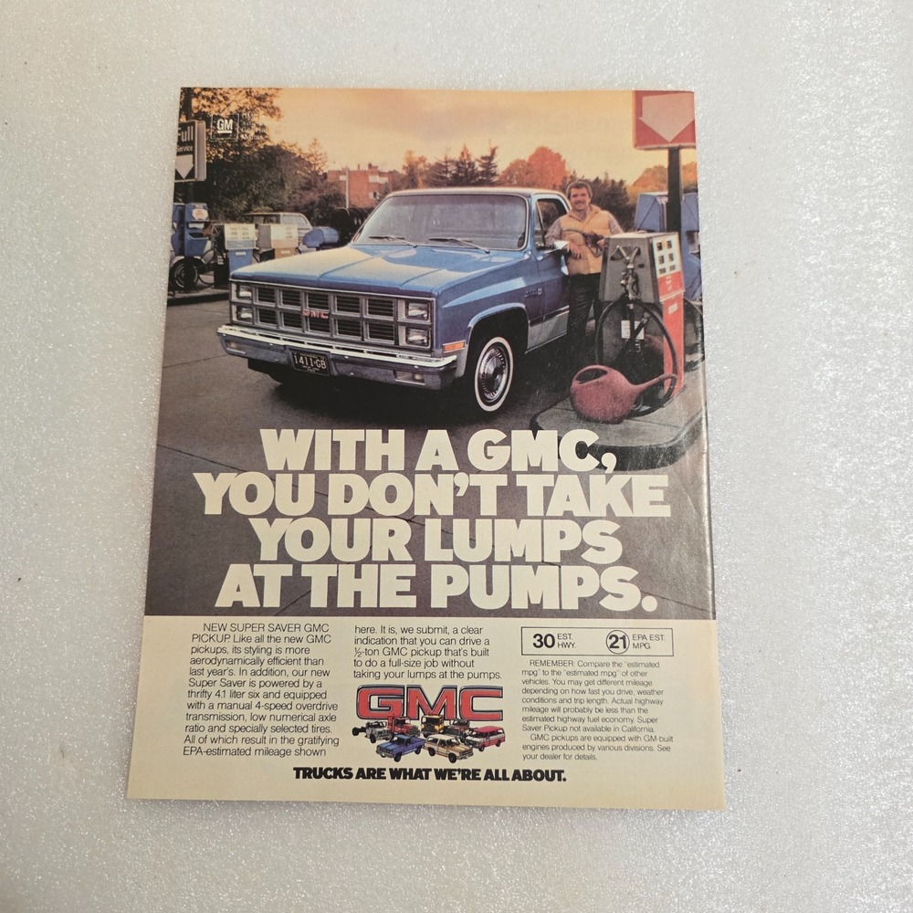 Vintage Print Ad GMC Super Saver pickup truck gas station color 8x10.5 1979